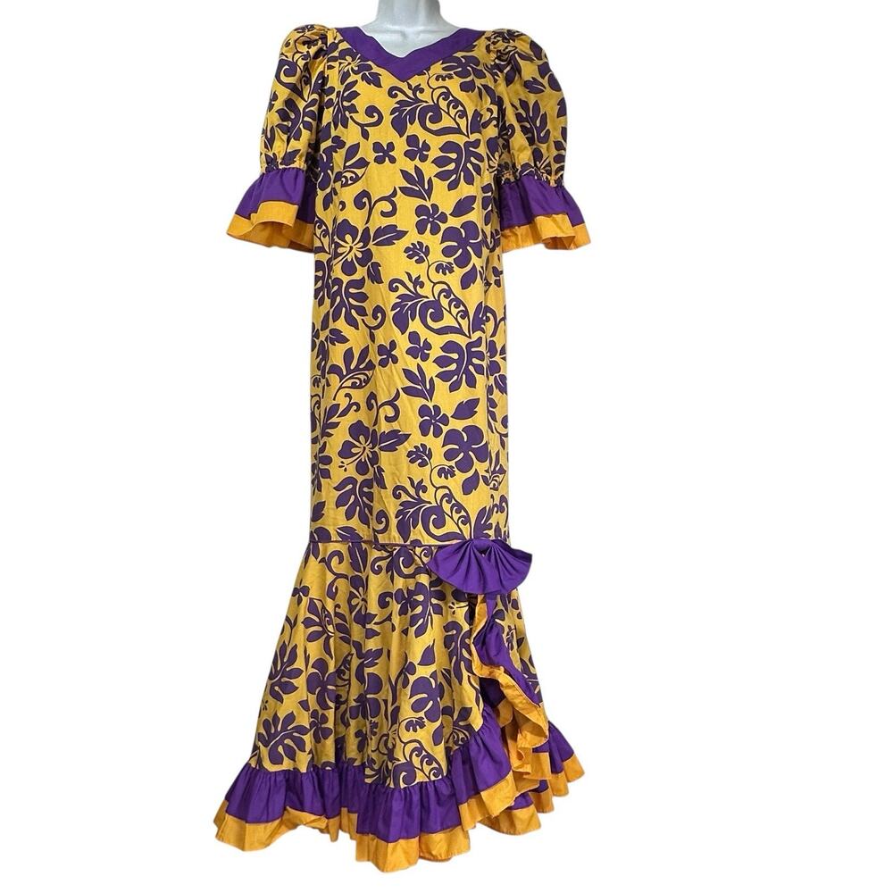 classic hawaii purple yellow floral Bow ruffle Long muumuu dress Size S